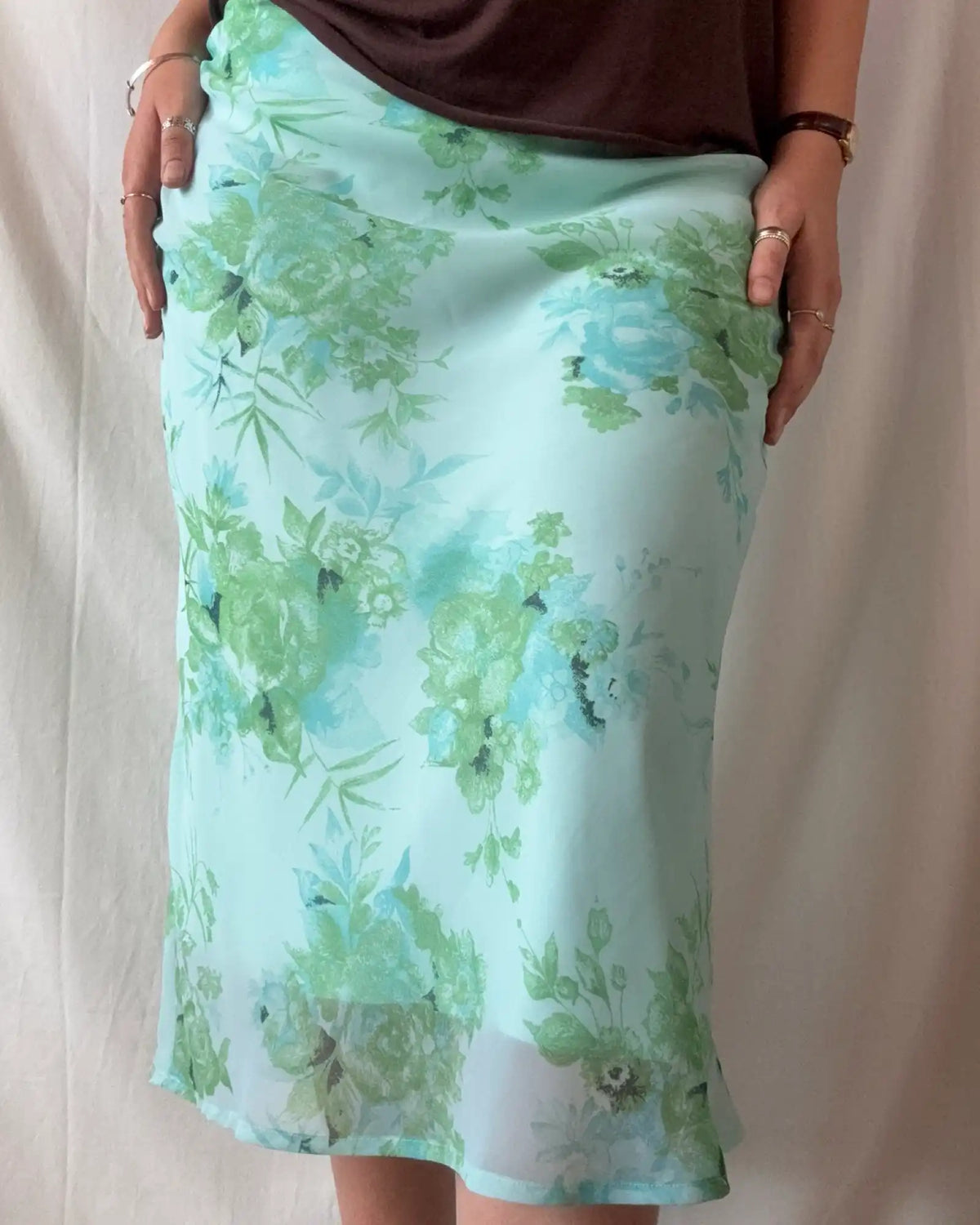 Vintage Blue Green Floral Midi Skirt
