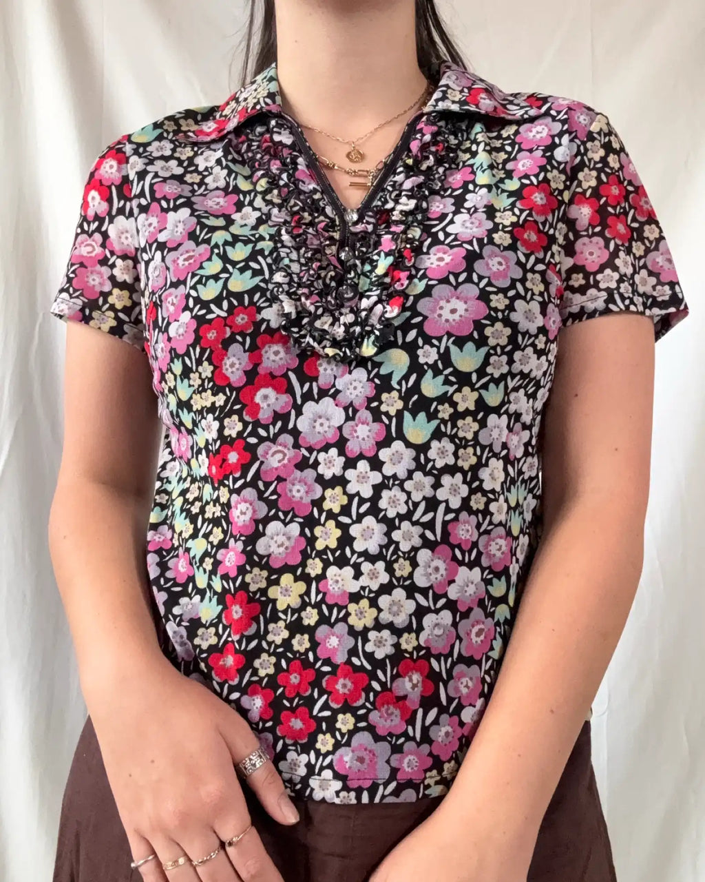Mesh Floral Shirt with Ruffles