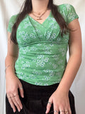 Green Mesh Wrap Top with Blue Floral Detail  | Size M - Zip Vintage
