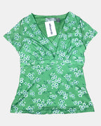 Green Mesh Wrap Top with Blue Floral Detail  | Size M - Zip Vintage