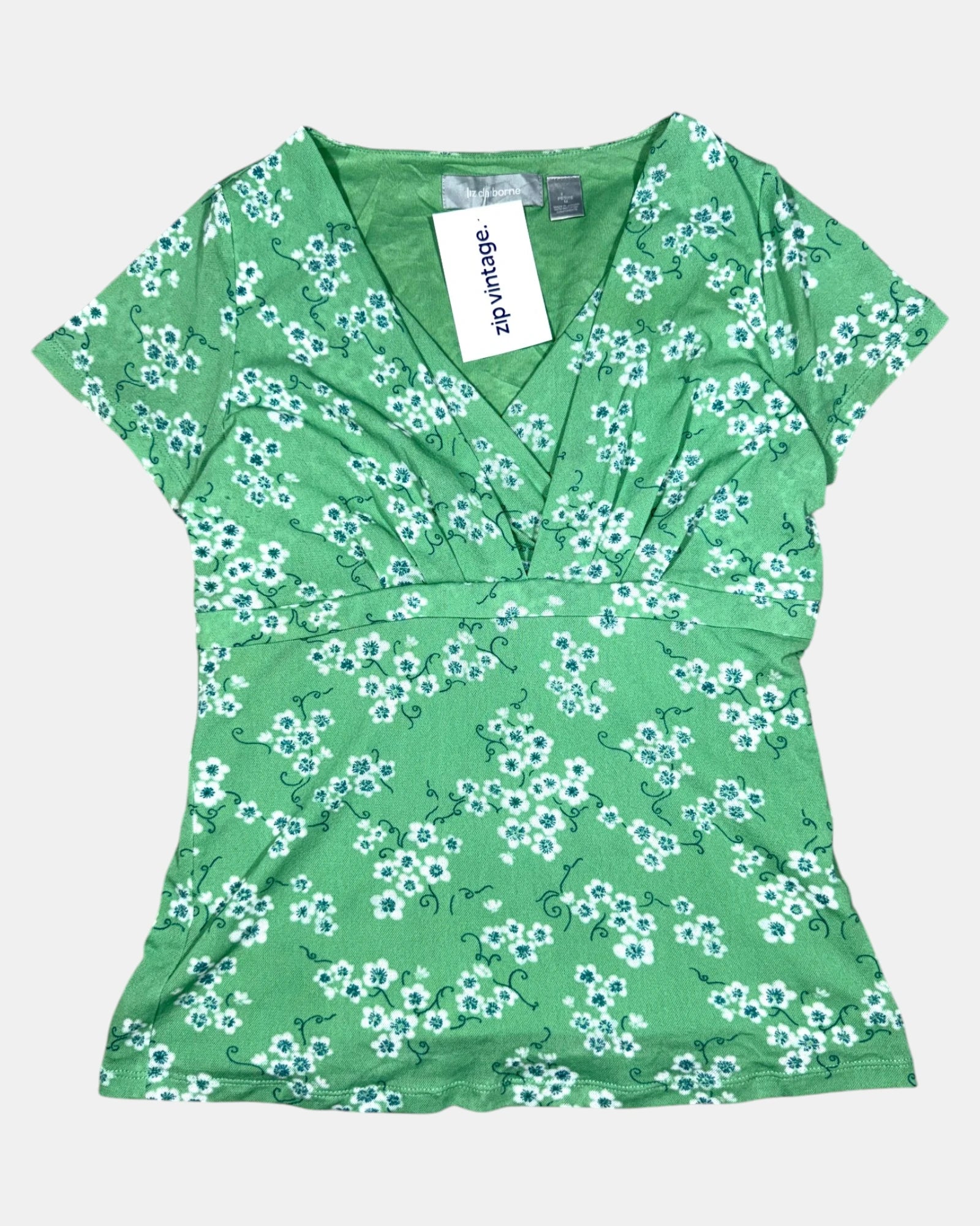 Green Mesh Wrap Top with Blue Floral Detail  | Size M - Zip Vintage