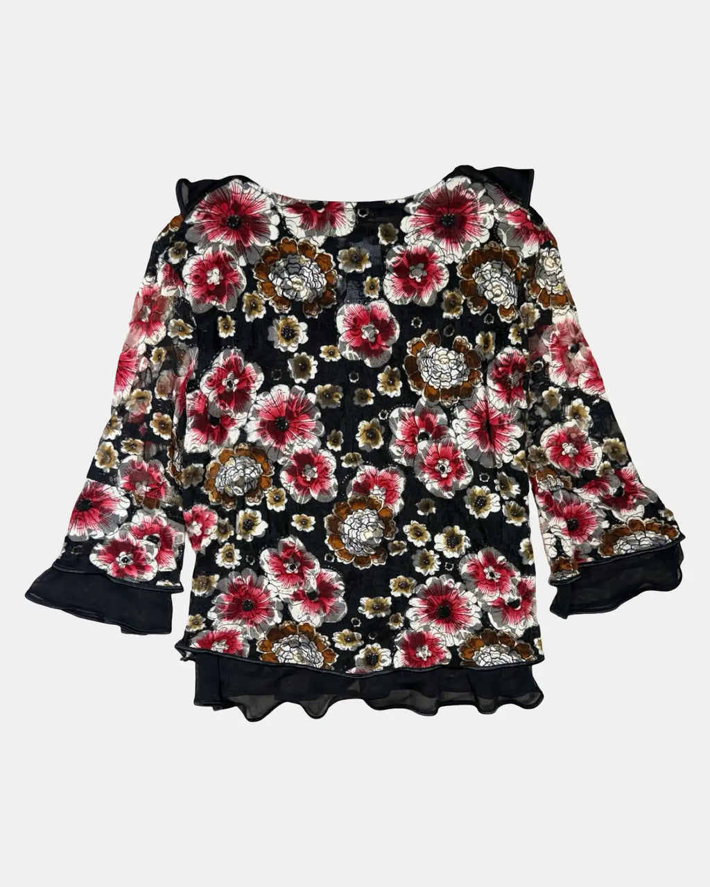 Floral Red and Brown Mesh Long Sleeve Top