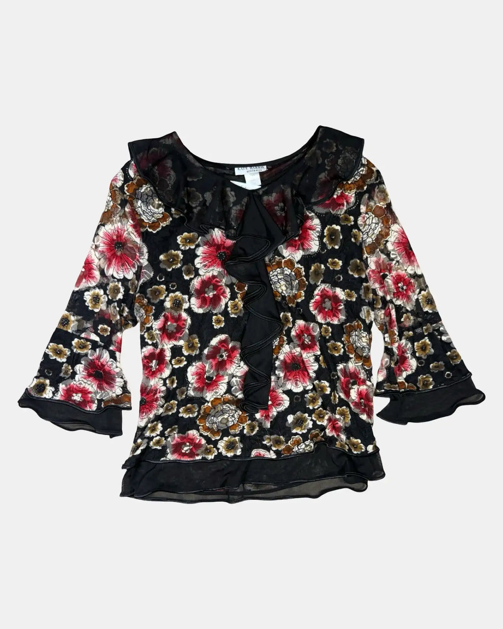 Floral Red and Brown Mesh Long Sleeve Top