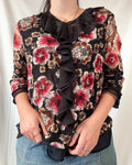 Floral Red and Brown Mesh Long Sleeve Top