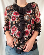 Floral Red and Brown Mesh Long Sleeve Top