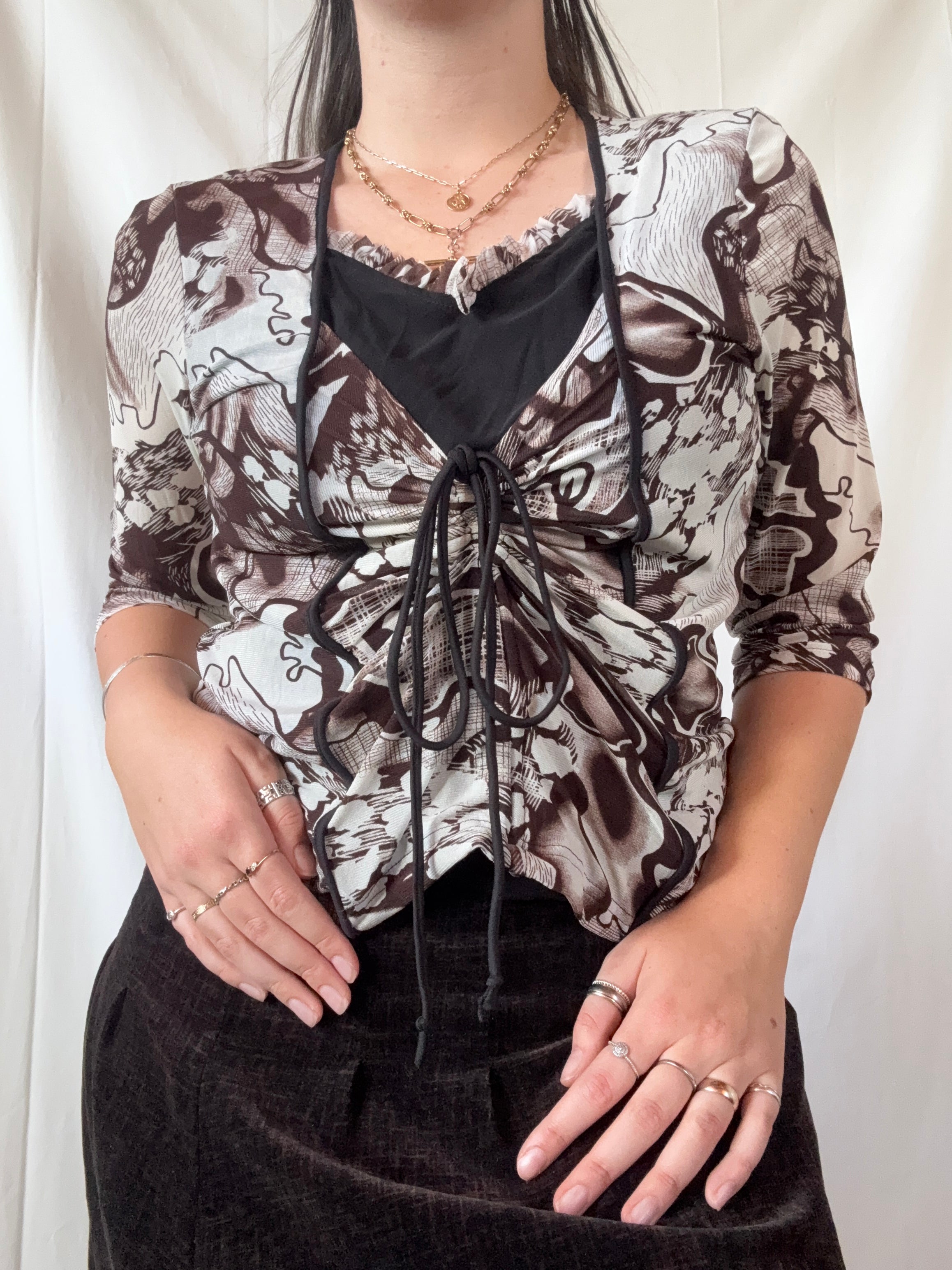 Deadstock Brown and White Tie-Up Mesh Long Sleeve Top | Estimated Size M-L - Zip Vintage