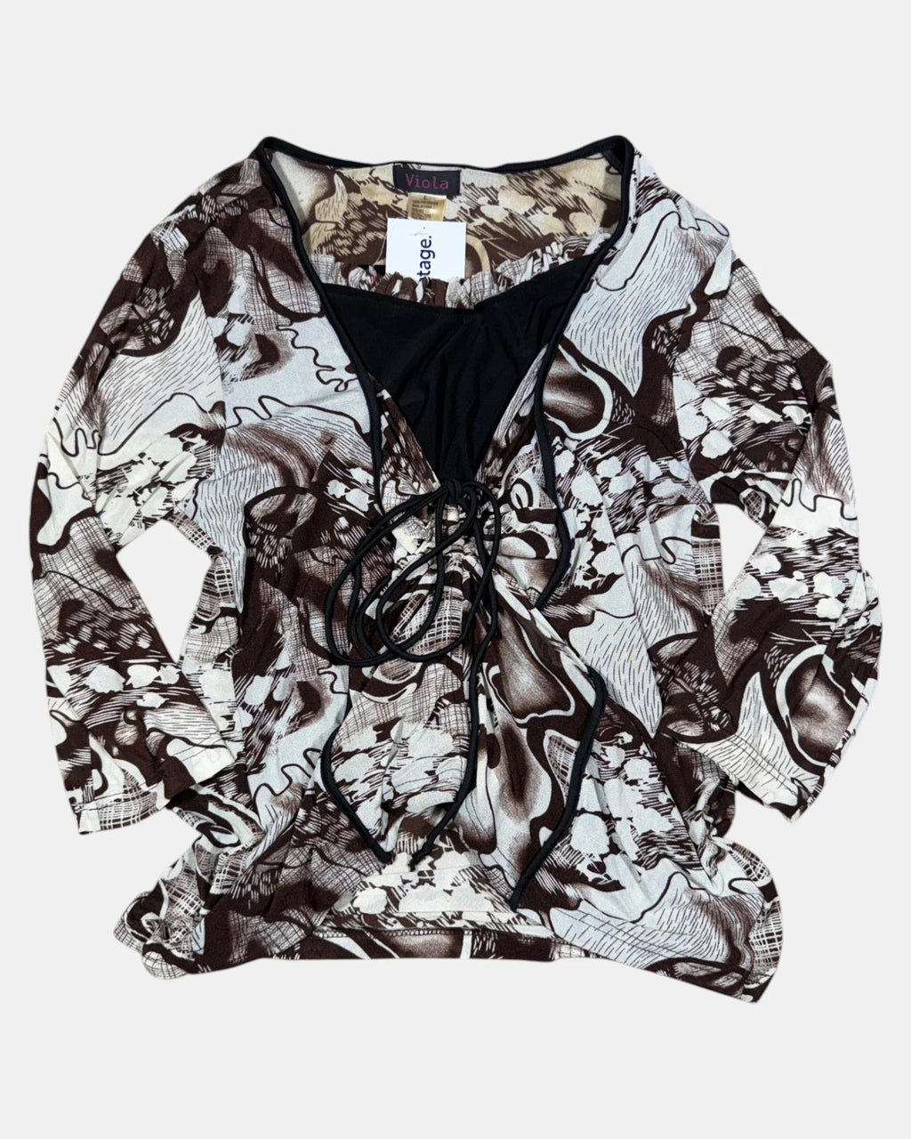 Deadstock Brown and White Tie-Up Mesh Long Sleeve Top | Estimated Size M-L - Zip Vintage