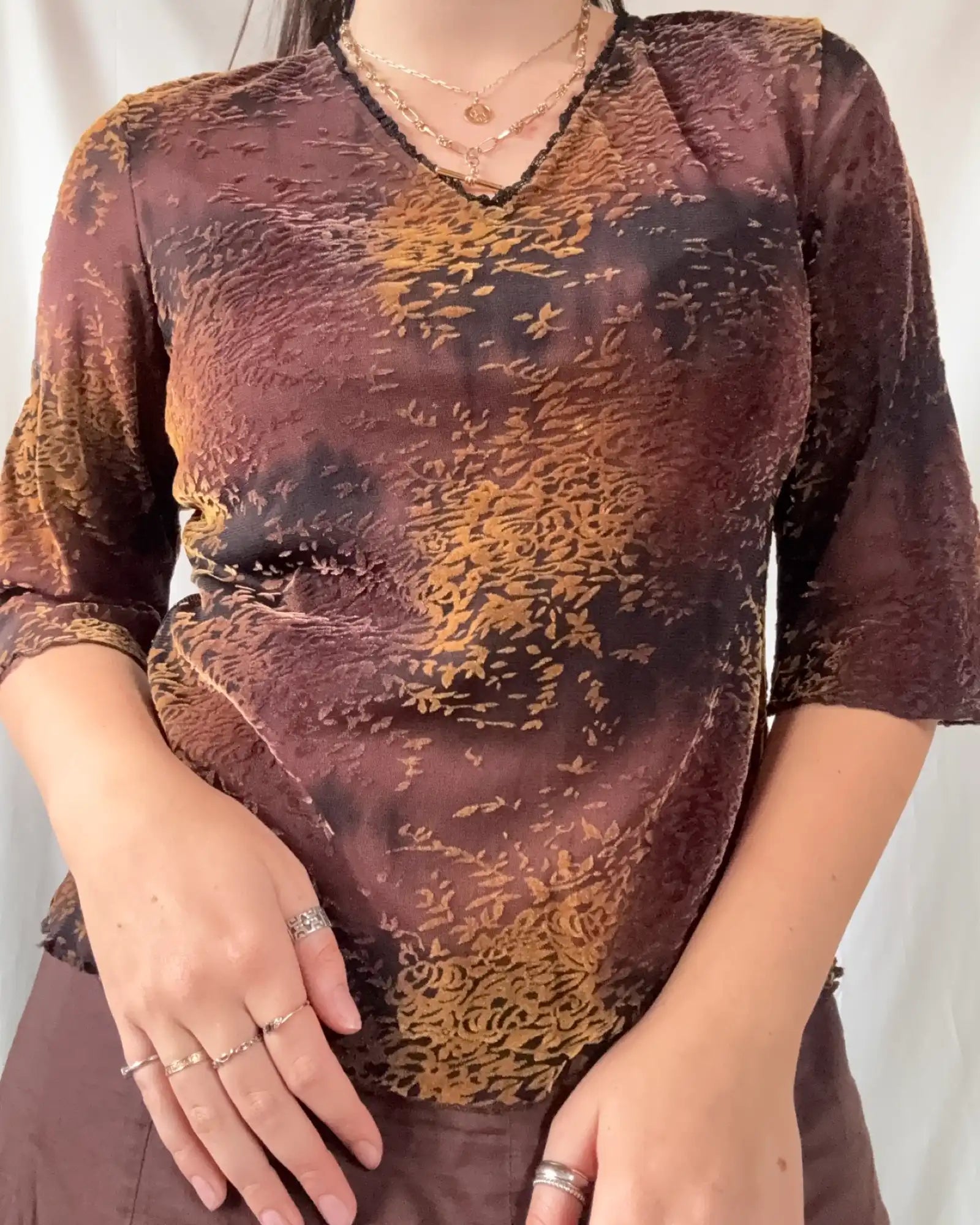 Brown and Black Mesh Long Sleeve Top