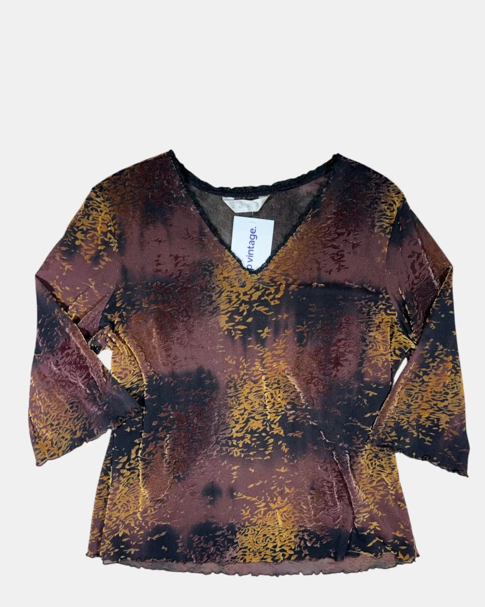 Brown and Black Mesh Long Sleeve Top