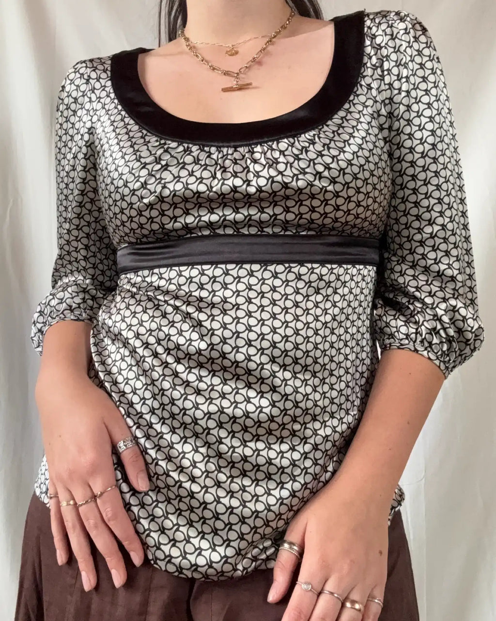 90s Tie Up Black and Cream Blouse