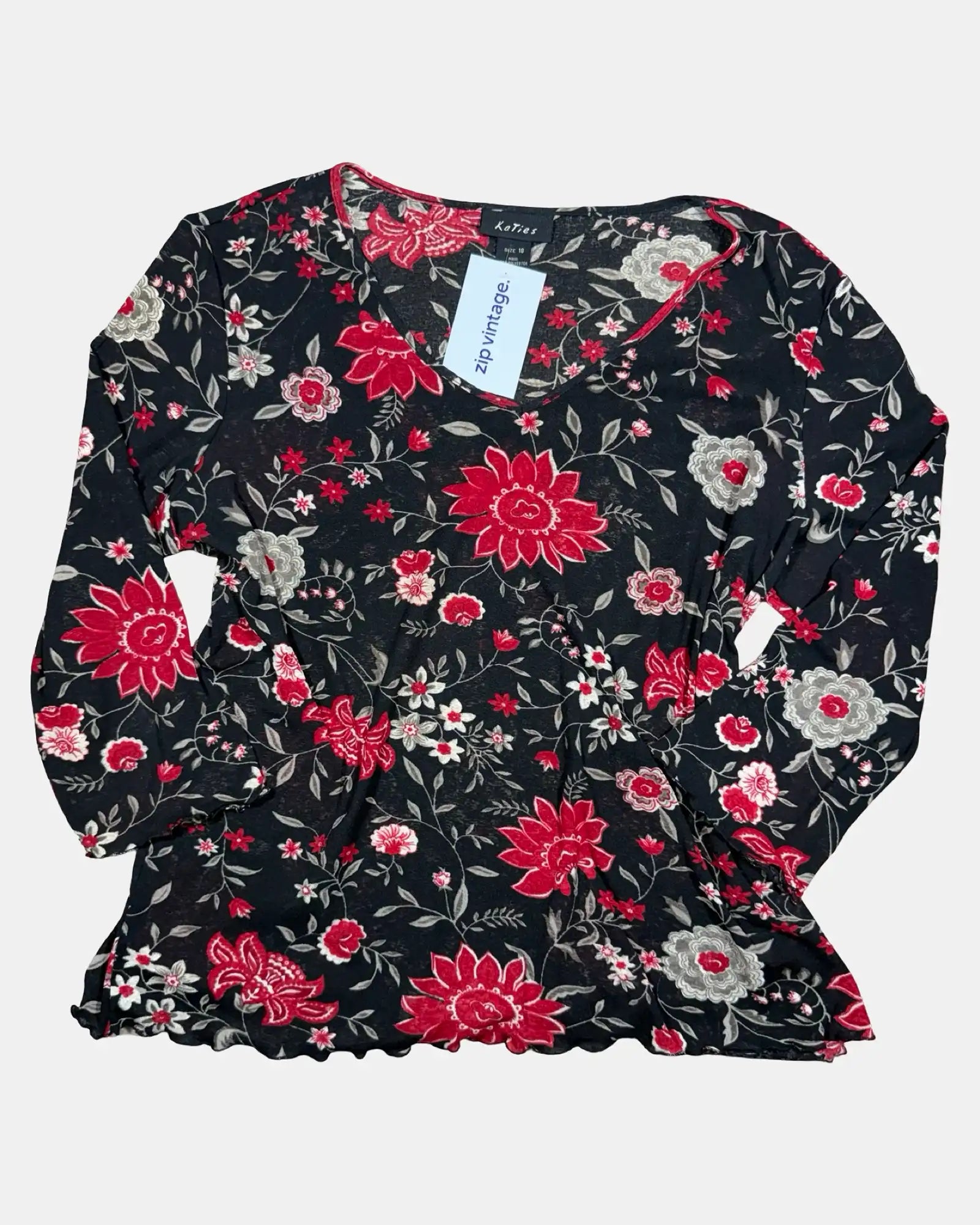 Red and Black Floral Mesh Long Sleeve