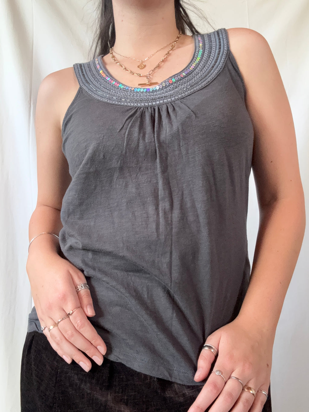 Y2K Tank Top Black with Sequins | Size 14