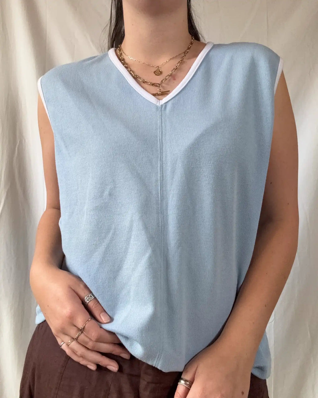 Light Blue Tank Top with White Trim