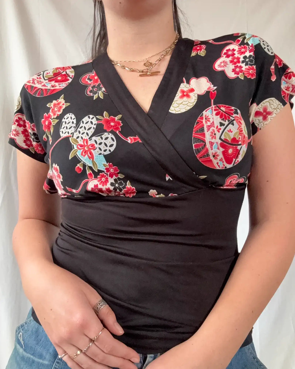 Red Floral Patterned Half Wrap Top