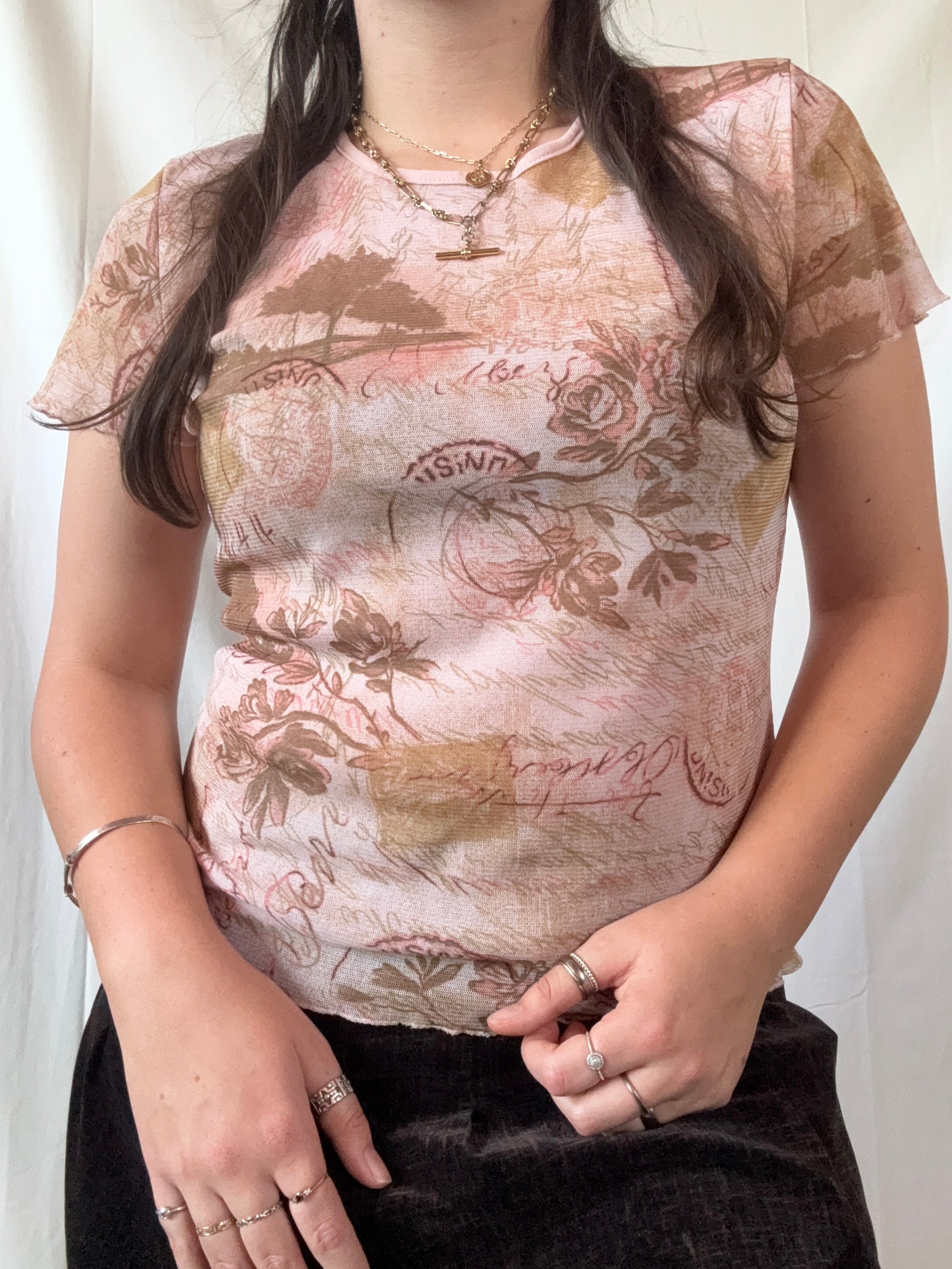 Pink Mesh Graphic Top | Estimated Size M - Zip Vintage