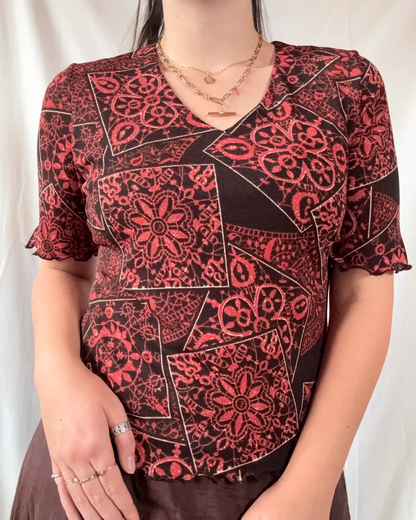Red & Black Patterned Mesh Long Sleeve