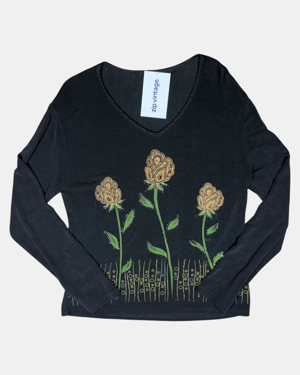 Black Beaded Flower Long Sleeve