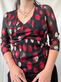 Black & Red Dotted Long Sleeve Wrap Top | Size XS - Zip Vintage