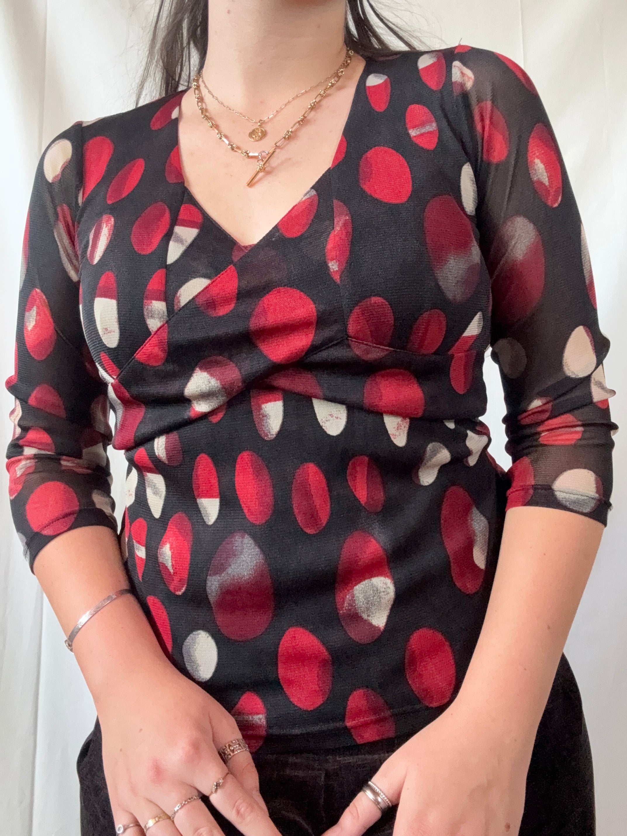 Black & Red Dotted Long Sleeve Wrap Top | Size XS - Zip Vintage