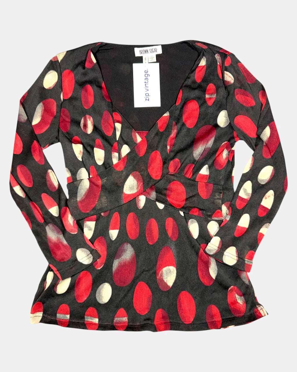 Black & Red Dotted Long Sleeve Wrap Top | Size XS - Zip Vintage