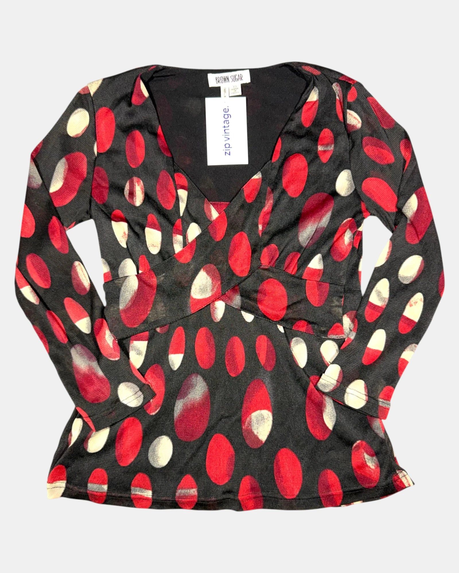 Black & Red Dotted Long Sleeve Wrap Top | Size XS - Zip Vintage