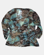 Brown & Blue Mesh Patterned Long Sleeve | Estimated Size M - Zip Vintage