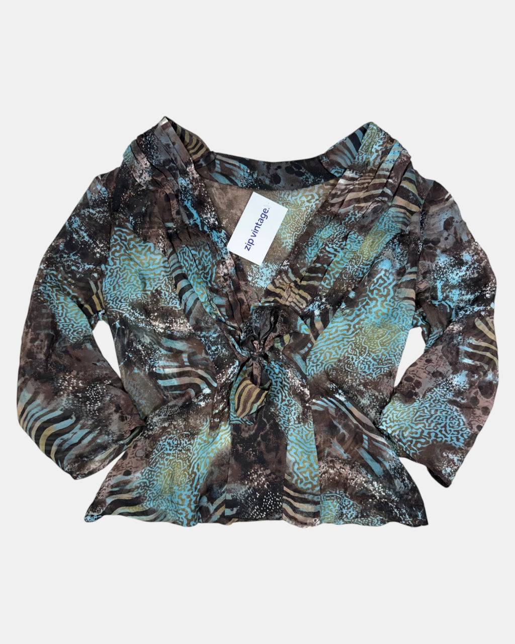 Brown & Blue Mesh Patterned Long Sleeve | Estimated Size M - Zip Vintage