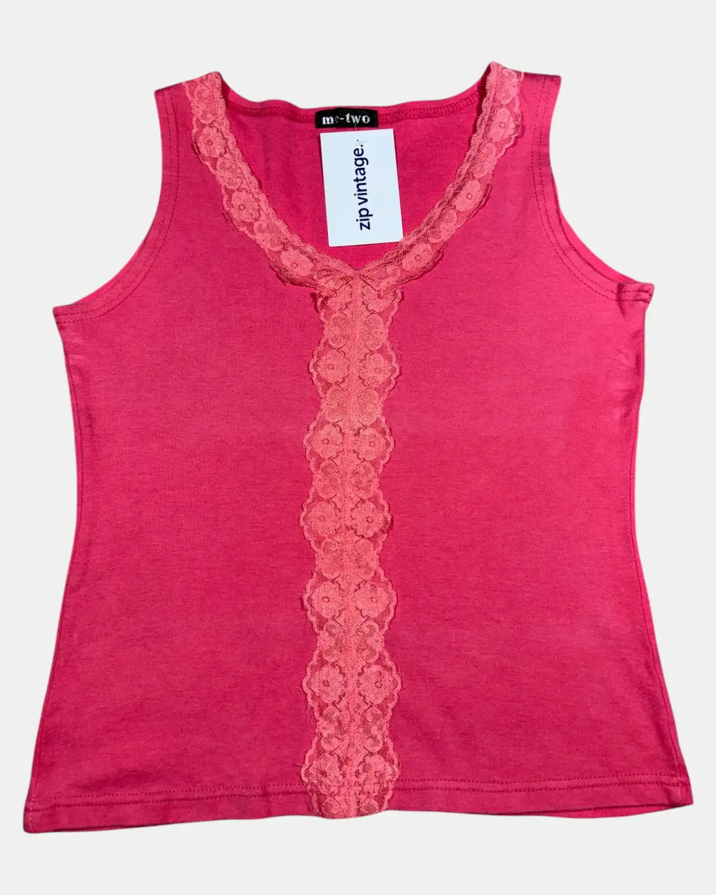 Y2K Pink Tank Top with Lace Trim Neckline