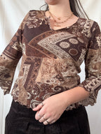 Brown Mesh Long Sleeve with Paisley Pattern | Estimated Size L - Zip Vintage