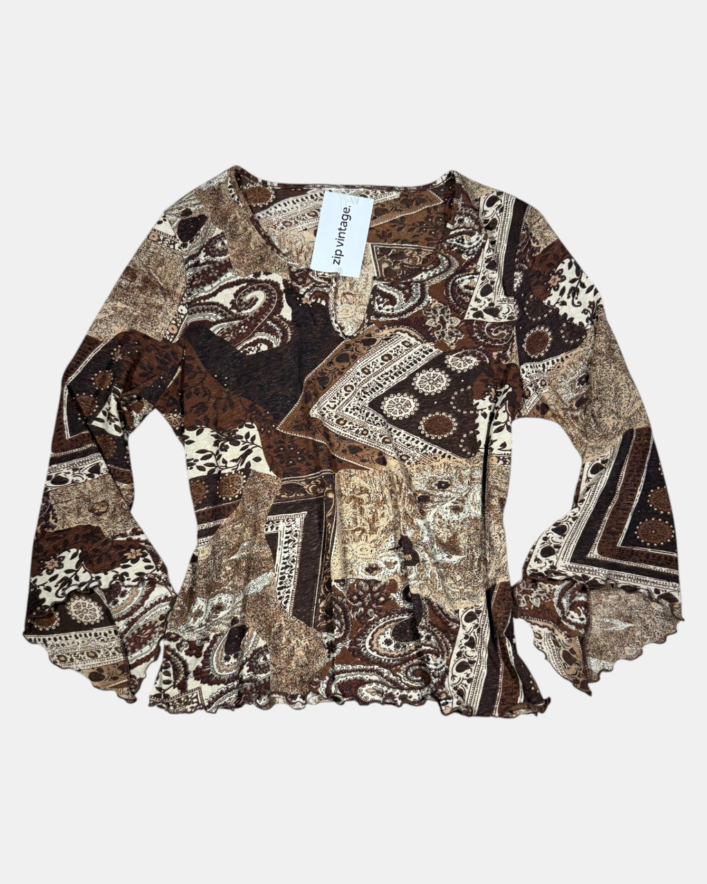Brown Mesh Long Sleeve with Paisley Pattern | Estimated Size L - Zip Vintage