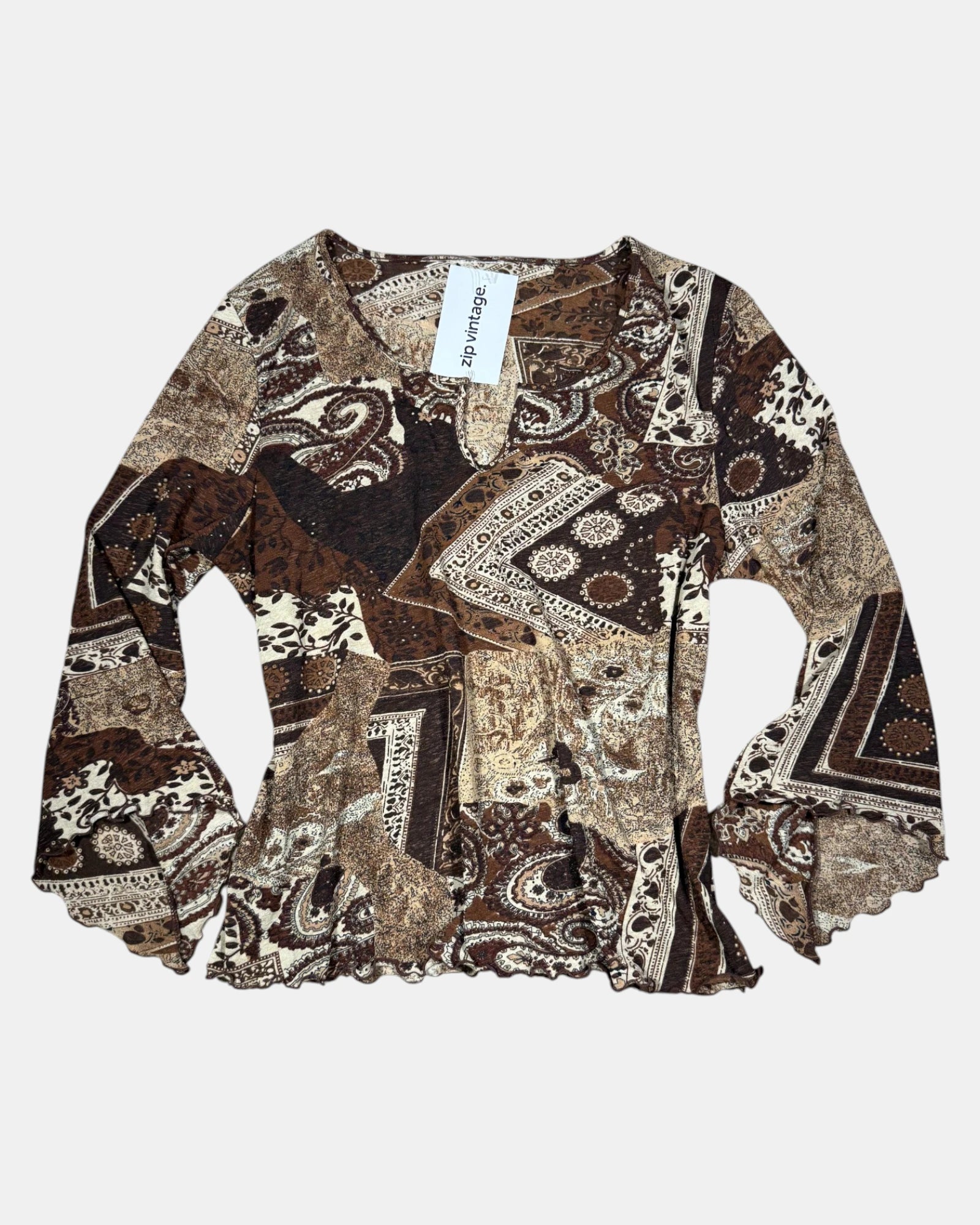 Brown Mesh Long Sleeve with Paisley Pattern | Estimated Size L - Zip Vintage