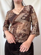 Brown Mesh Long Sleeve with Paisley Pattern | Estimated Size L - Zip Vintage
