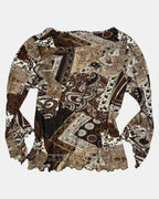 Brown Mesh Long Sleeve with Paisley Pattern | Estimated Size L - Zip Vintage