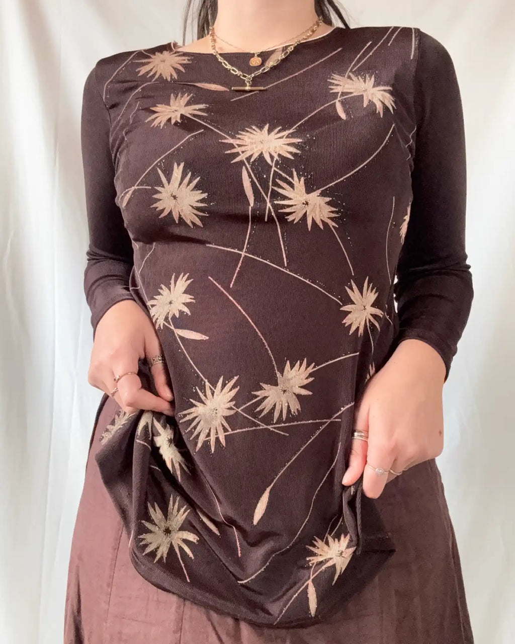 Brown Mesh Long Sleeve Top with Flower Details