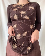 Brown Mesh Long Sleeve Top with Flower Details