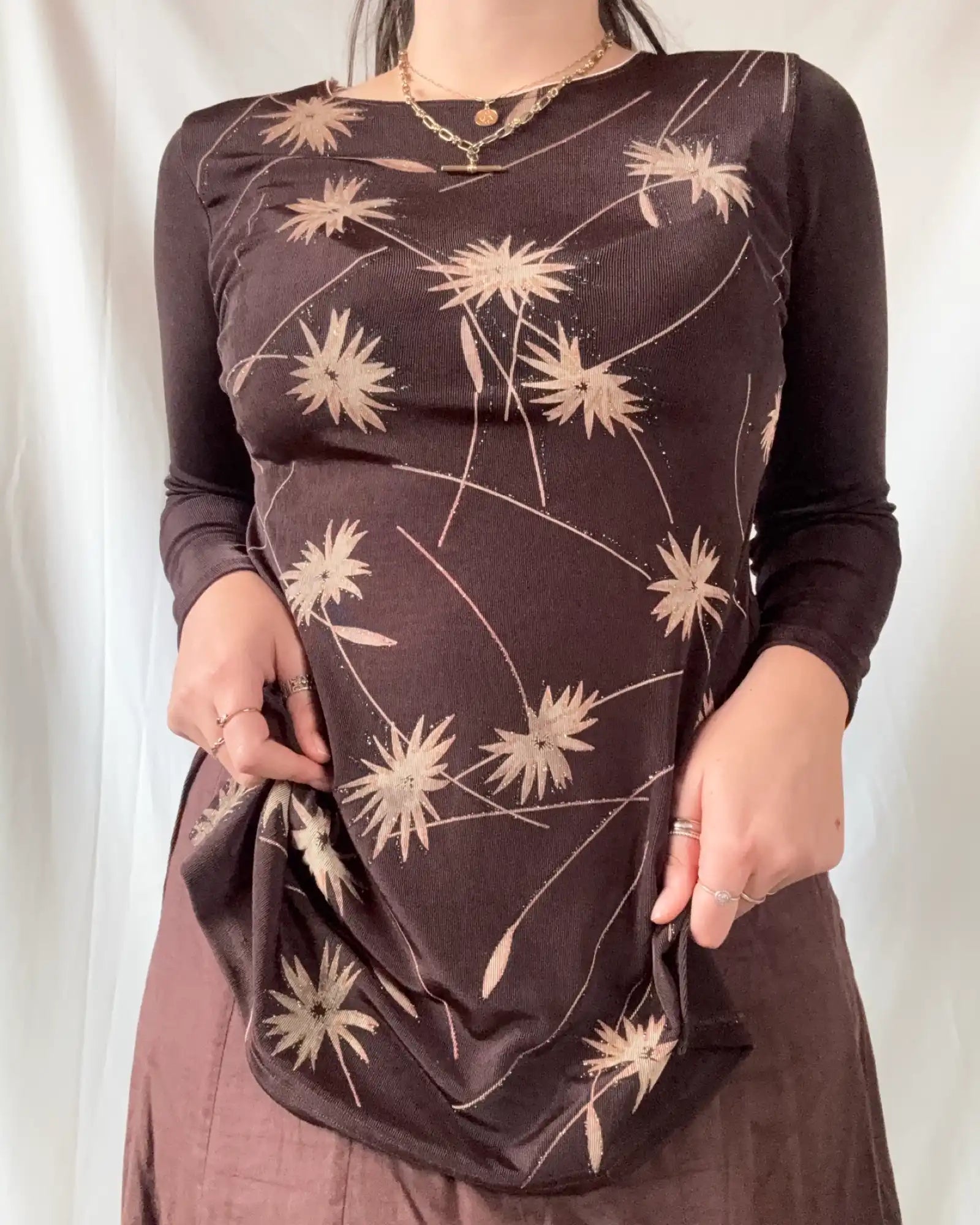 Brown Mesh Long Sleeve Top with Flower Details