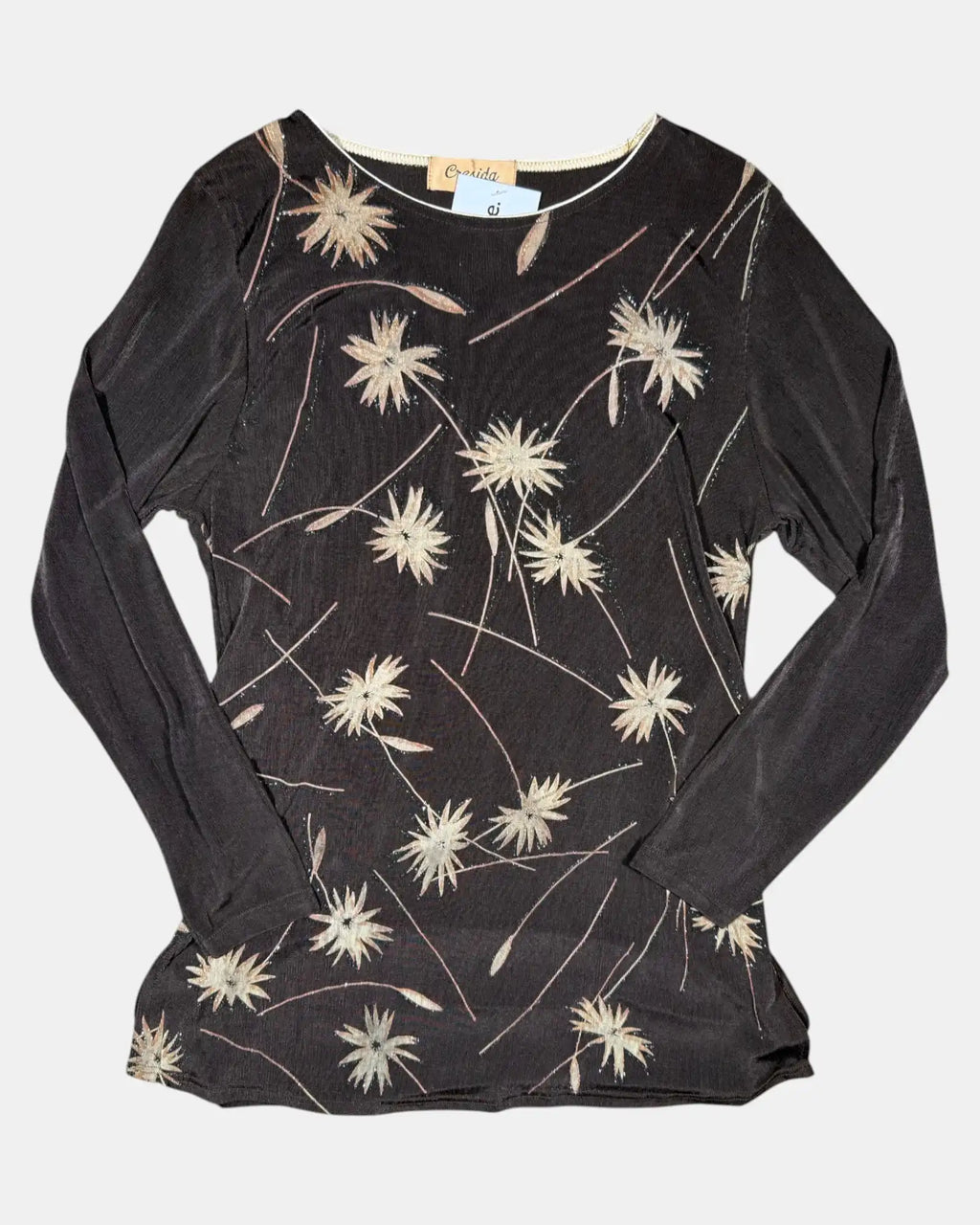 Brown Mesh Long Sleeve Top with Flower Details