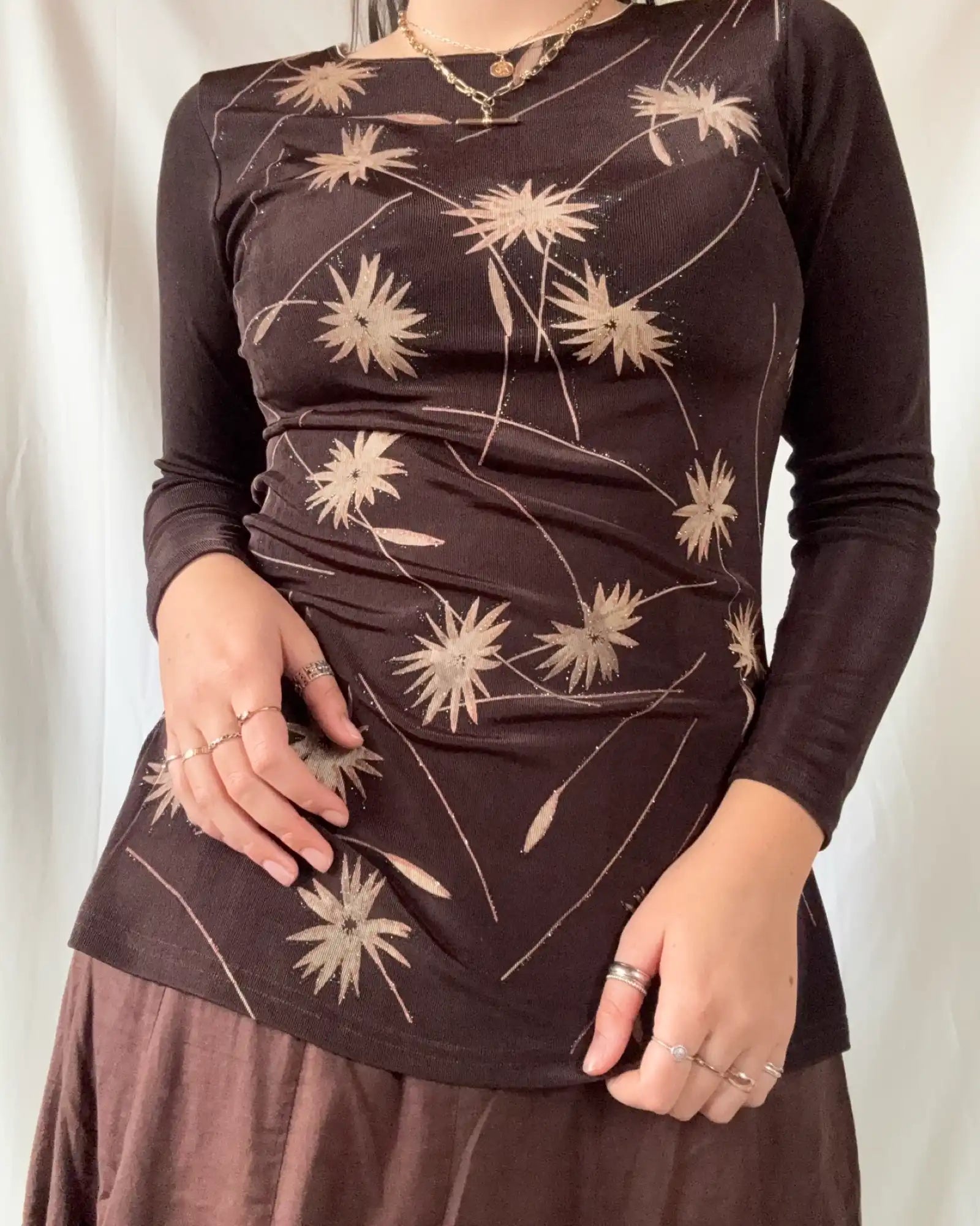 Brown Mesh Long Sleeve Top with Flower Details