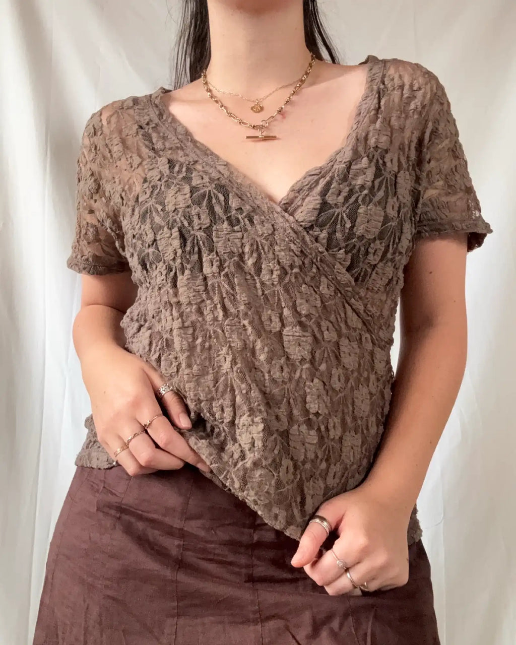 Brown Mesh Lace Wrap Top
