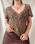 Brown Mesh Lace Wrap Top