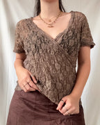 Brown Mesh Lace Wrap Top
