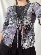 Purple & Black Floral Tie-Up Long Sleeve | Size L - Zip Vintage