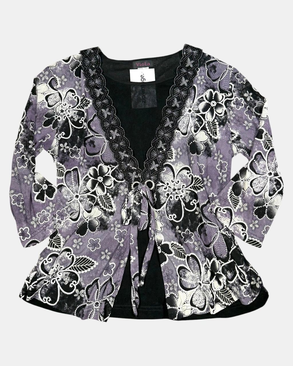 Purple & Black Floral Tie-Up Long Sleeve | Size L - Zip Vintage