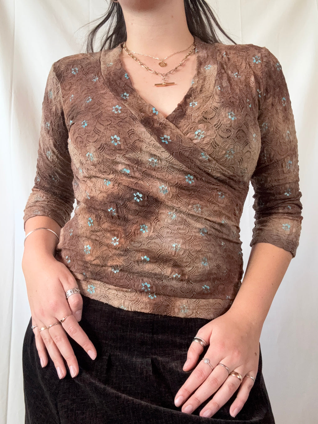 Brown Lace Wrap Top with Blue Flower Details | Estimated Size L