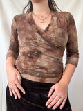Brown Lace Wrap Top with Blue Flower Details | Estimated Size L