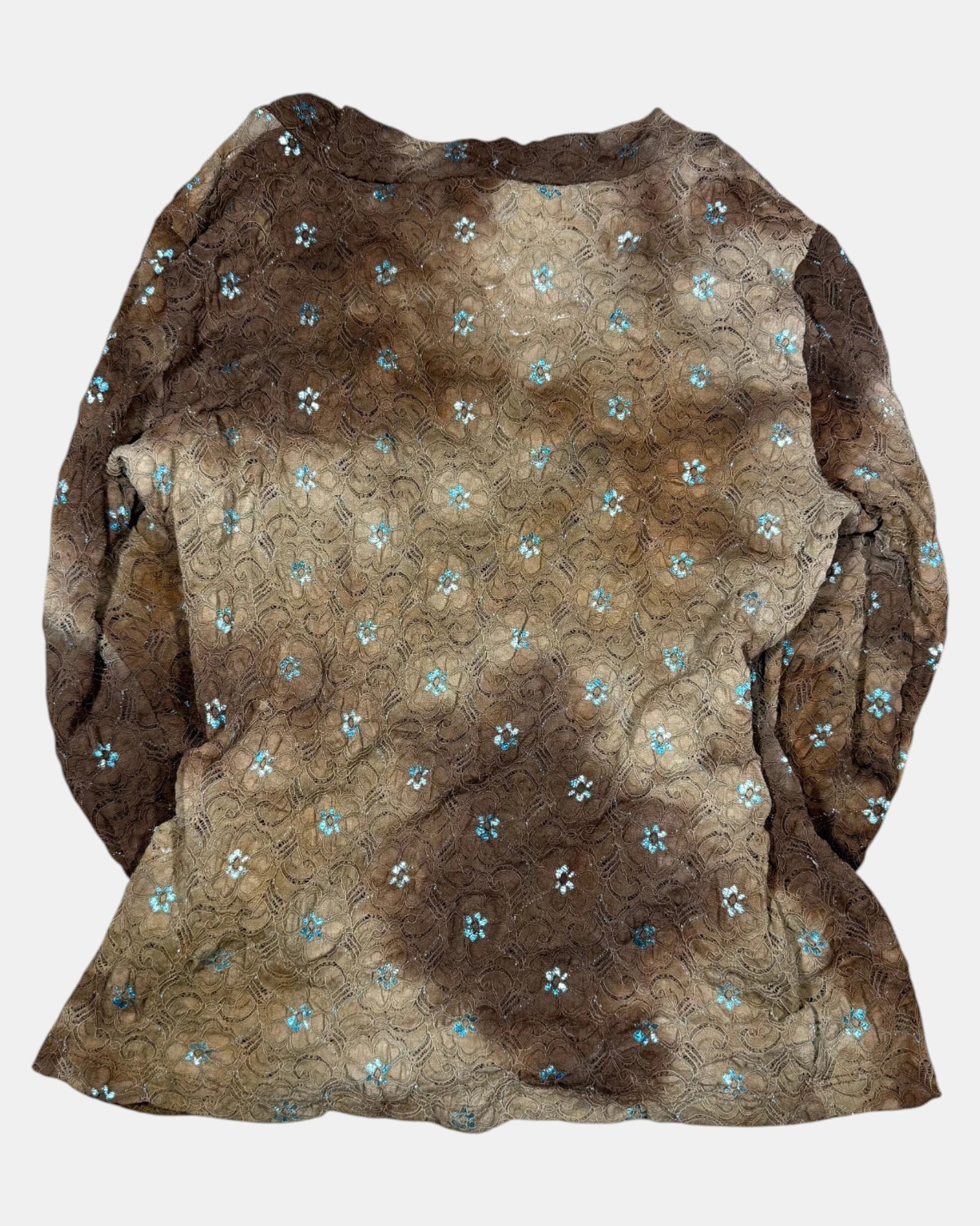 Brown Lace Wrap Top with Blue Flower Details | Estimated Size L