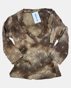 Brown Lace Wrap Top with Blue Flower Details | Estimated Size L