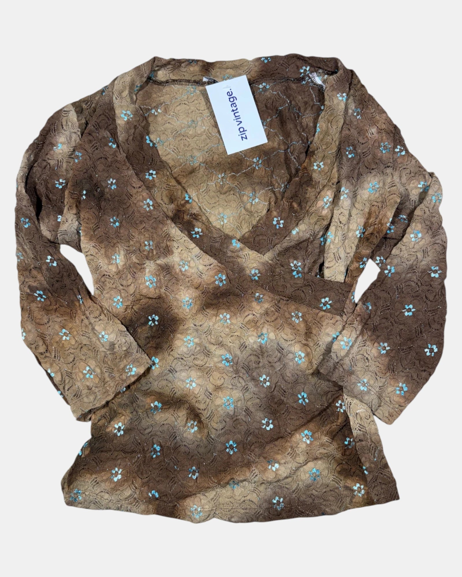 Brown Lace Wrap Top with Blue Flower Details | Estimated Size L