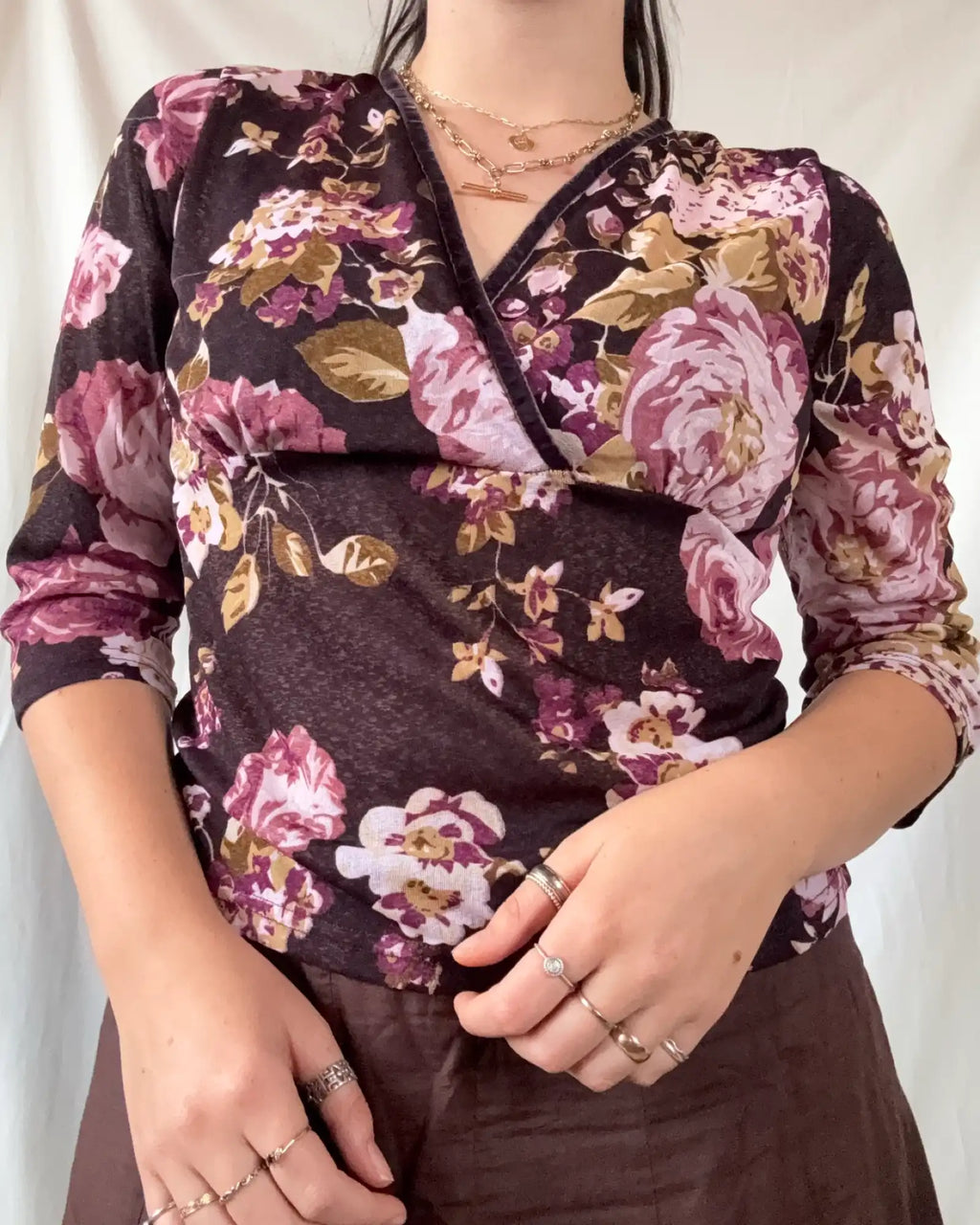 Purple & Black Floral Wrap Top Long Sleeve