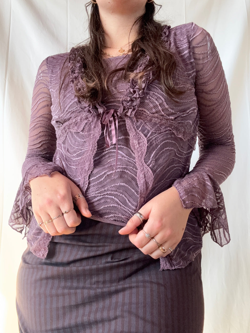 Purple Lace Rouched Tie-Up Top | Est. Size 10-12 - Zip Vintage